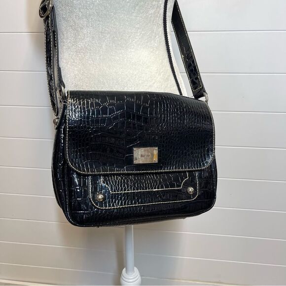 Liz & Co Black Croc Embossed Faux Leather Crossbody Bag Purse - Picture 3 of 11